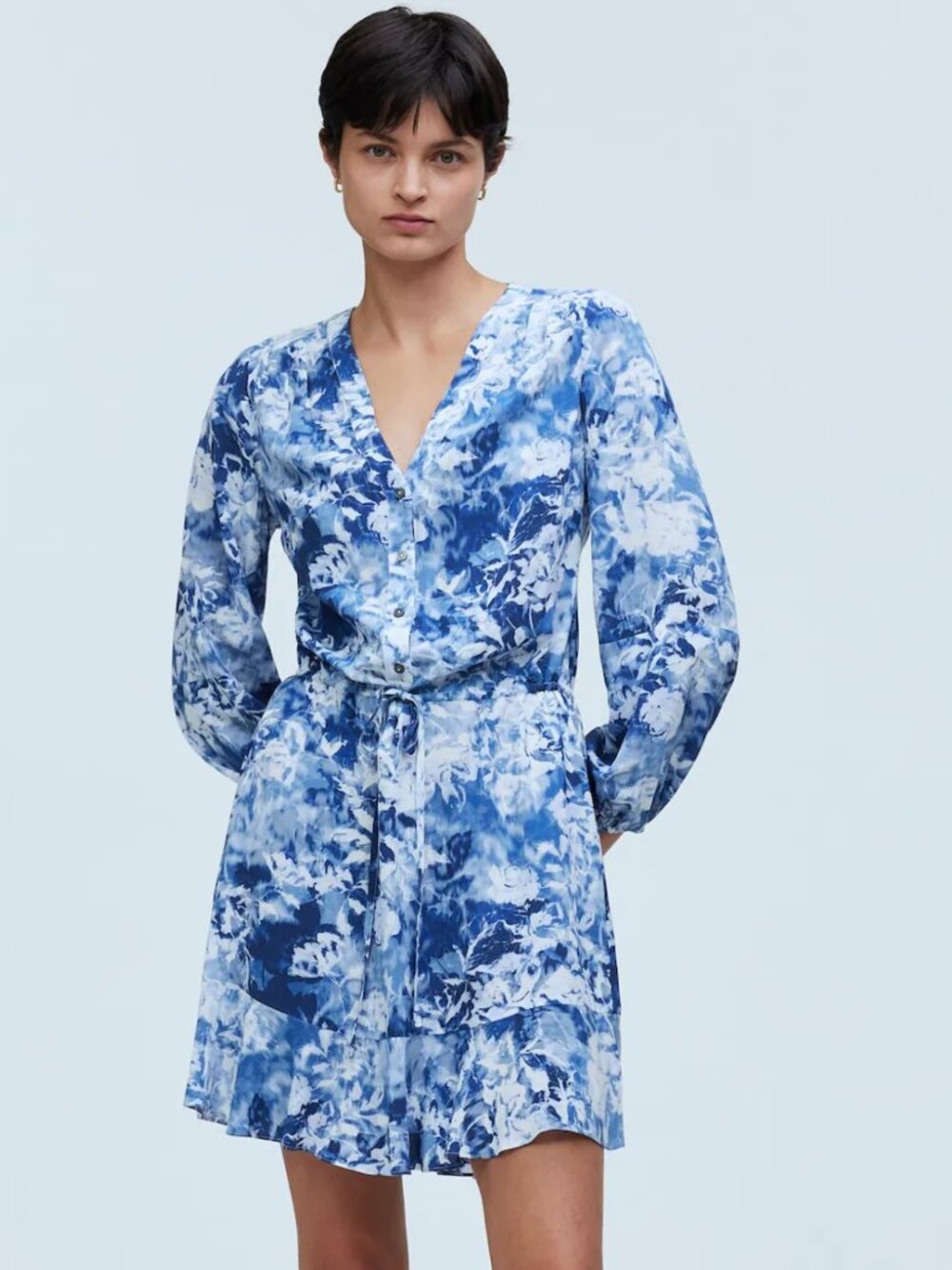 Tie-Waist Mini Shirtdress in Floral Crepe